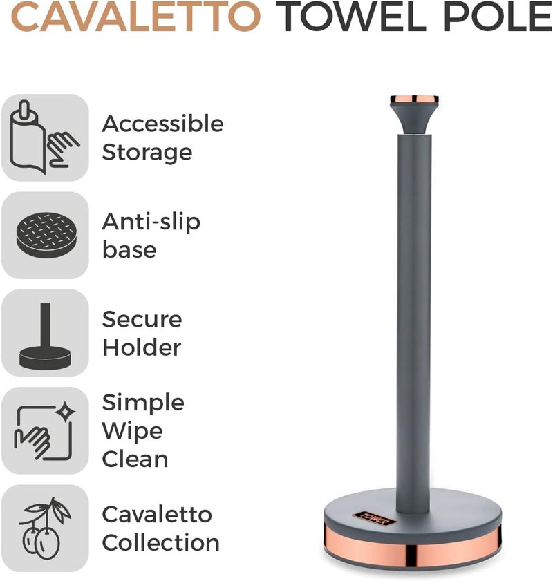 Tower T826133GRY Cavaletto Towel Pole Kitchen Roll Holder with Soft Underliner, Grey and Rose Gold - Image 1