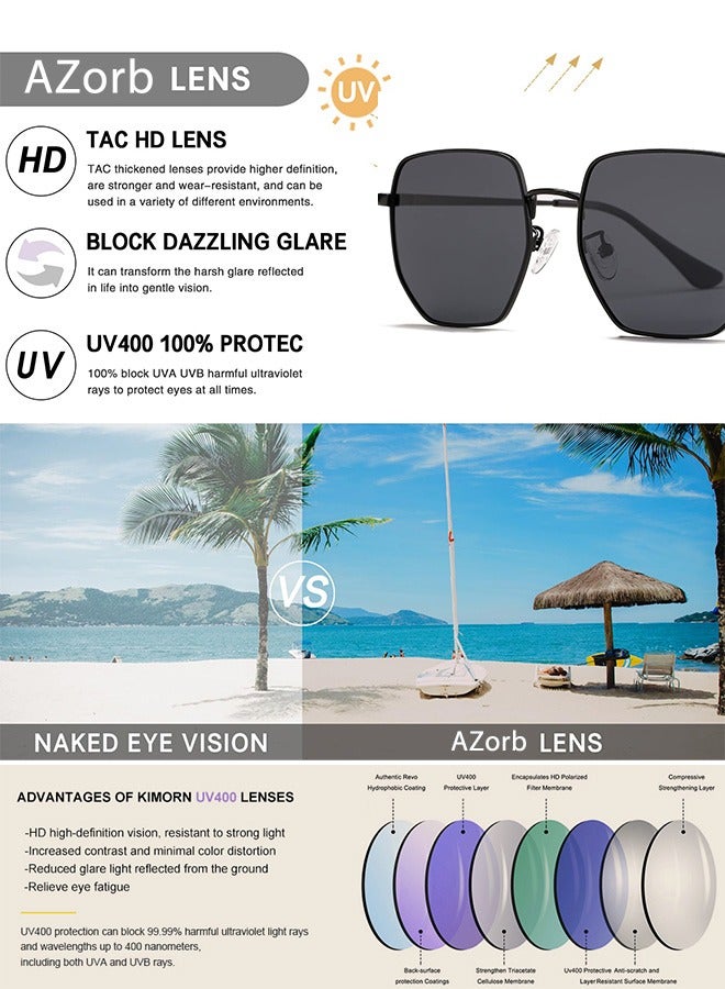 AZorb Polarized Sunglasses Men Women Hexagonal Large Metal Frame Men's Sun Glassess Polygonal Mens Sunglass for Ladies Classic Square Eyewear Trendy UV400 Protection Shades - Image 2