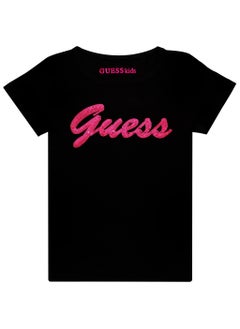 GUESS Guess Black Cotton T-shirt With Pink Glitter Logo  - Image 2