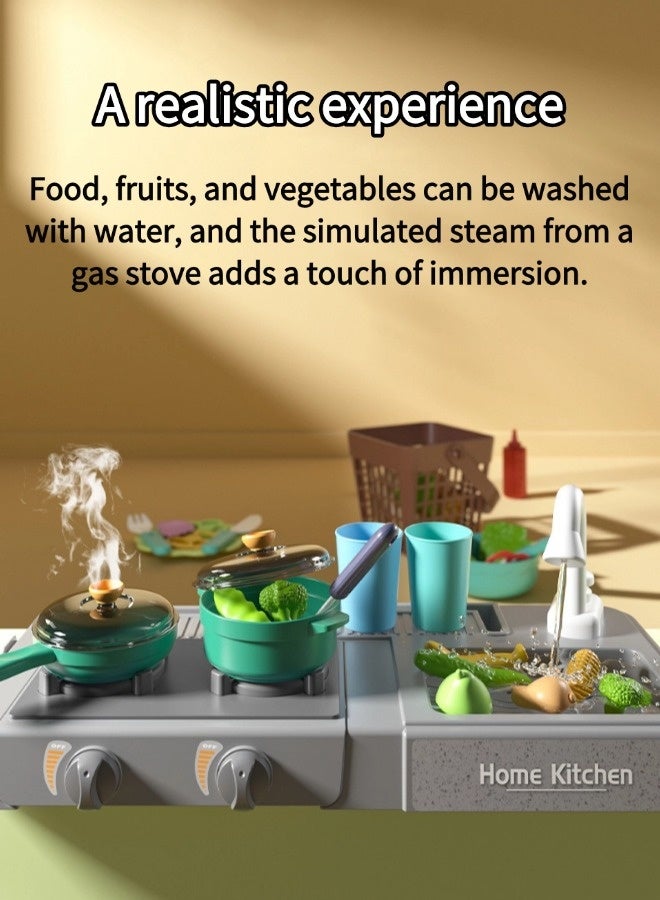 Vixplorn Children's kitchen play set, children's pretend play set with real sounds and lights, play sink, cooking stove with steam, gift for children aged 3+ (63 pieces) - Image 5