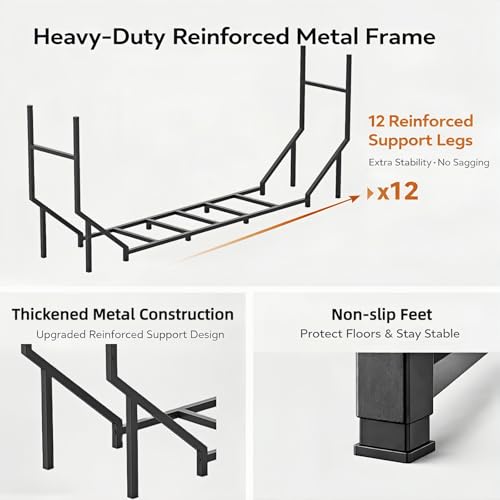 CADUKE 6 ft Firewood Rack Outdoor, Heavy Duty Metal Fire Wood Rack for 880LBS Capacity, 1/4 Cord Log Holder with 12 Support Legs for Patio, Porch and Indoor Fireplace - Image 5