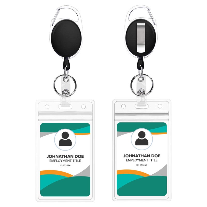 Will Well ID Badge Holders with Clip and Keyring - Vertical Clear Plastic 2.52" x 3.58" Sleeves Fit Up to 3 Cards - Retractable 24" UHMWPE Fiber Pull Cords for Easy Access - 2-Pack, Black Reels - Image 1