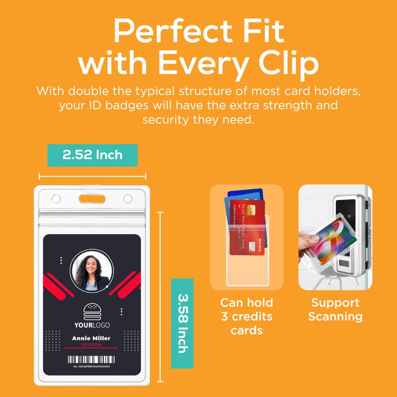 Will Well ID Badge Holders with Clip and Keyring - Vertical Clear Plastic 2.52" x 3.58" Sleeves Fit Up to 3 Cards - Retractable 24" UHMWPE Fiber Pull Cords for Easy Access - 2-Pack, Black Reels - Image 3