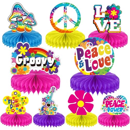 Tevxj 60s Hippie Party Honeycomb Centerpieces 70s Themed Party Supplies Table Decor Tie Dye Table Topper 9 Pieces Great for Birthday Baby Shower Groovy Decorations - Image 1