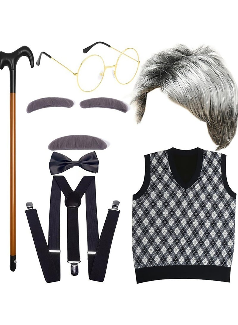 CMGTYYD 8 PCS Costume Dress Up, Kids Old Man Costume Set, Boy Cosplay Set, Costume Accessories with Vest, Costume Wig, Moustache, Eyebrows and Glasses, for Child Boy Cosplay - Image 1