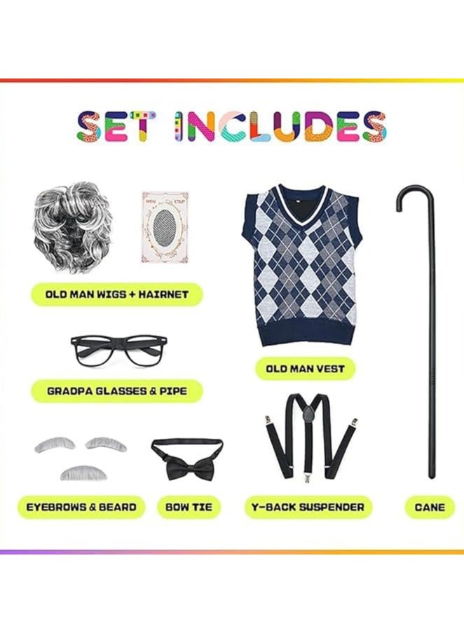 CMGTYYD 8 PCS Costume Dress Up, Kids Old Man Costume Set, Boy Cosplay Set, Costume Accessories with Vest, Costume Wig, Moustache, Eyebrows and Glasses, for Child Boy Cosplay - Image 2