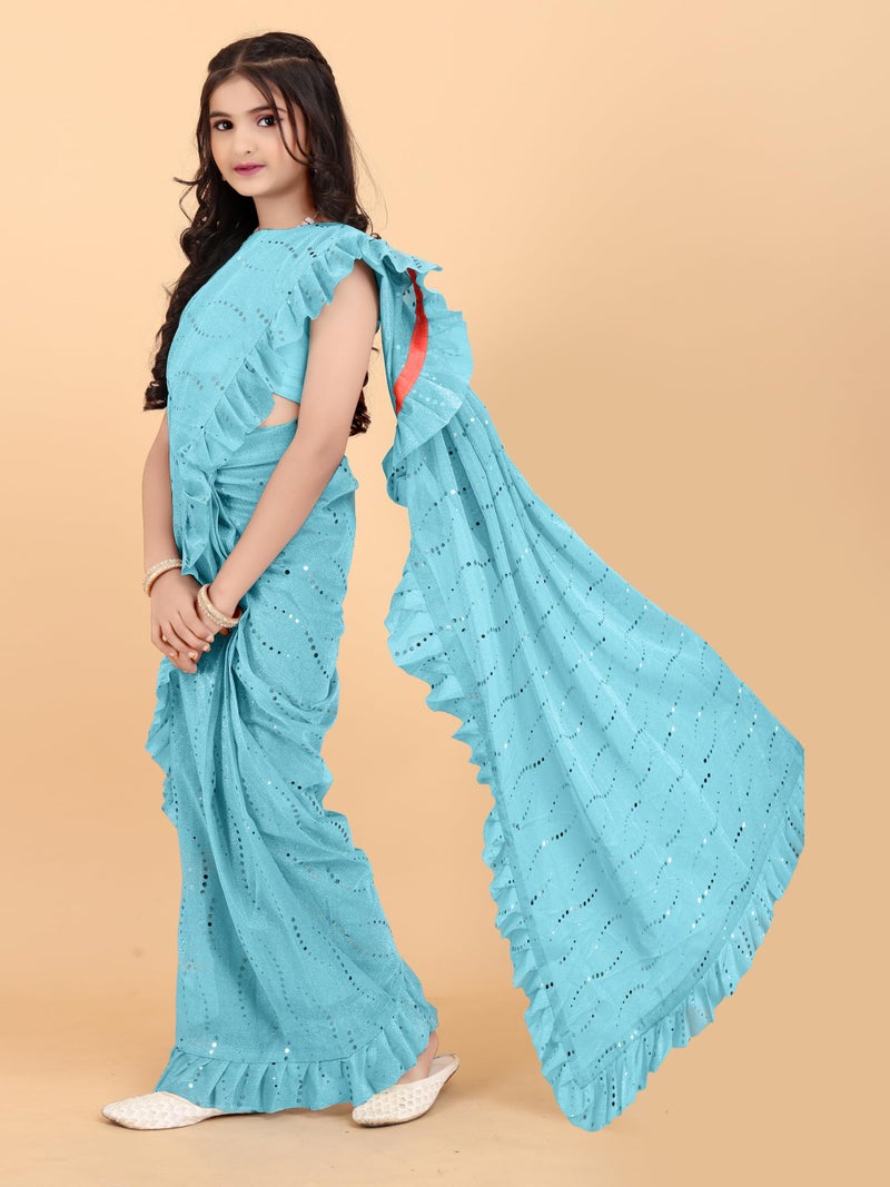 Xavima Kids Supernet Embellished Ready to Wear Saree With Unstitched Blouse Piece- SkyBlue_Size : 6_7 Years - Image 2