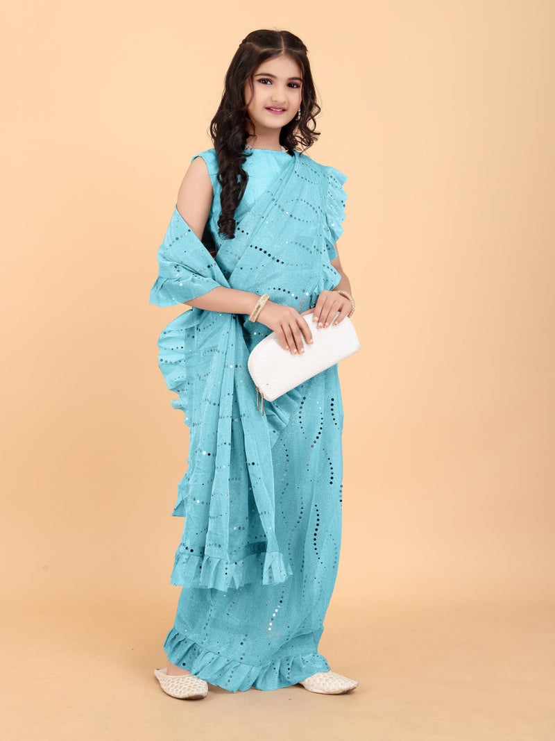 Xavima Kids Supernet Embellished Ready to Wear Saree With Unstitched Blouse Piece- SkyBlue_Size : 6_7 Years - Image 3