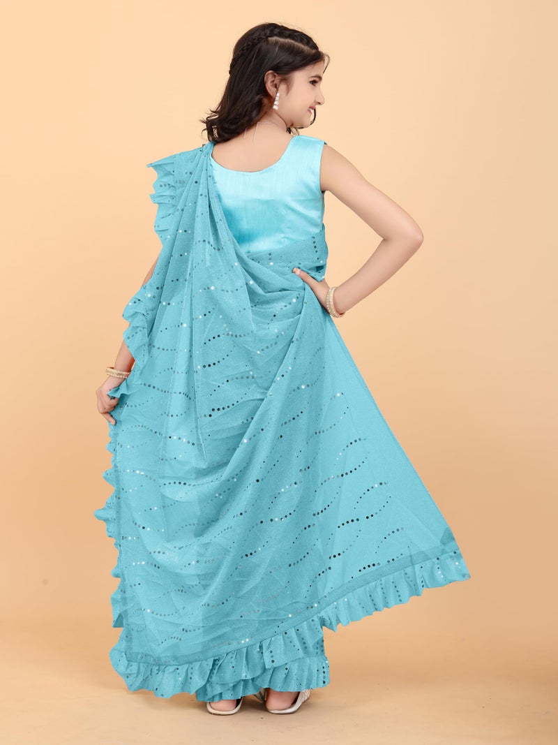 Xavima Kids Supernet Embellished Ready to Wear Saree With Unstitched Blouse Piece- SkyBlue_Size : 6_7 Years - Image 4