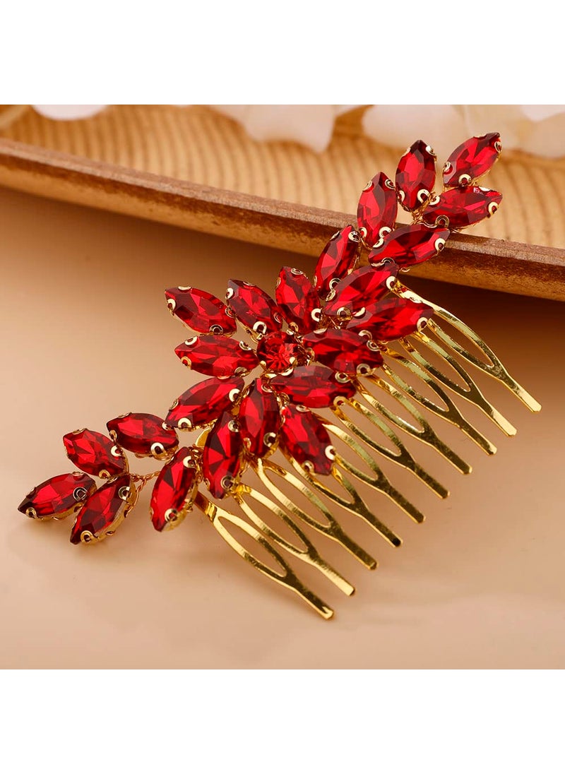 Chargances - Chargances Wedding Brides Crystal Hair Comb Bridesmaid Red Rhinestone Flower Hair Side Comb Fahsion Handmade Hair Accessories for Women Girls Porm Head Pieces Bright Red - Image 1