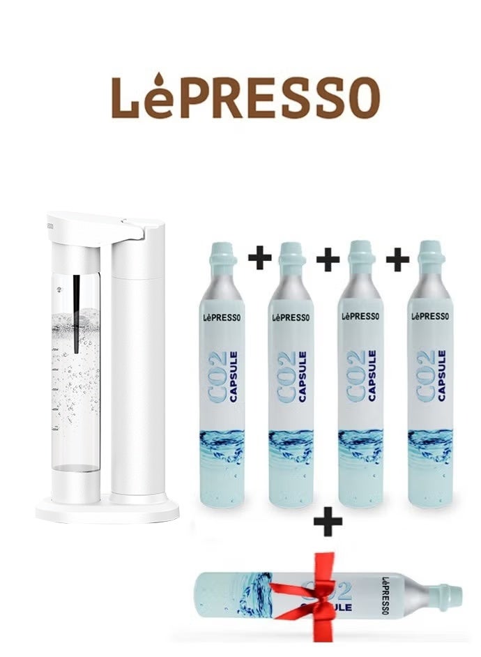 جهاز صنع المياه الغازية مع 4 كبسولات + 1 ونظام إطلاق بطيء وسريع / دعم زجاجة مزدوجة 500 مل - 350 مل / مقاوم للانفجار للحيوانات الأليفة خالٍ من مادة BPA / شواحن ثاني أكسيد الكربون / متوافق مع كبسولات ثاني أكسيد الكربون / سهل التنظيف - أبيض