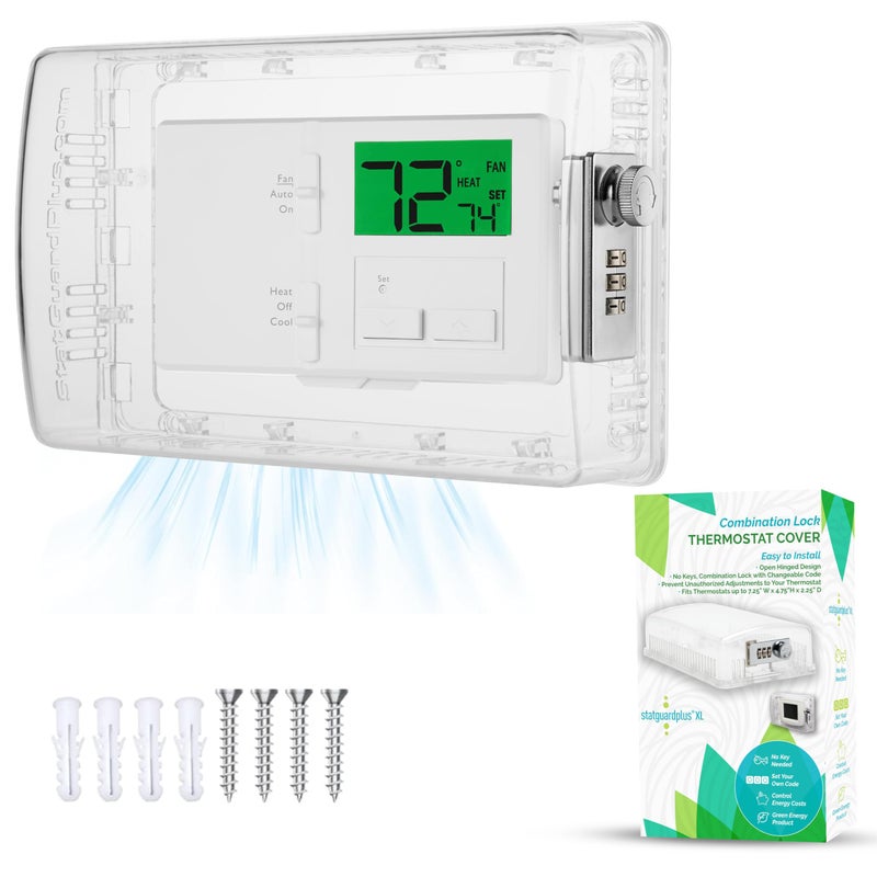 STATGUARDPLUS StatGuardPlus XL2 Universal Thermostat Cover Guard with Combination Lock Clear Thermostat Lock Box Includes WallCover for Clean Look Fits thermostats 45 x 7 x 25 Keyless Too 