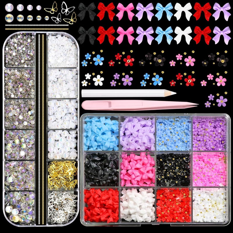 BELICEY 3D Nail Charms Mix Color Bow Charms for Nails Colorful Acrylic Tiny Blossom Flower Nail Art Charms Flatback Pearls AB Crystal Rhinestones Gems for Women DIY Nail Art Design Manicure Crafts - Image 1