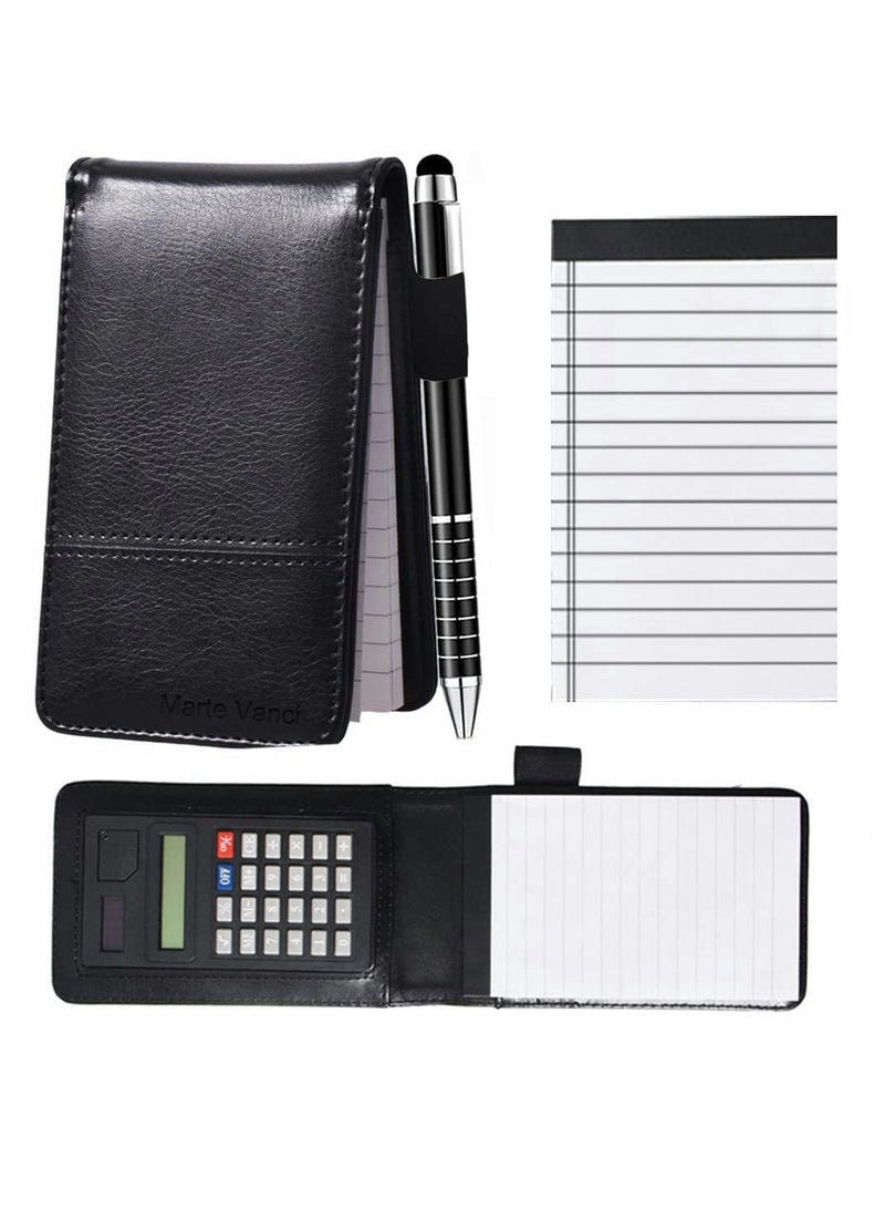 A7 Soft Cover Journal Notebook with Calculator, PU Leather Notepad and Pen Holder Set for Work and Study - Image 1