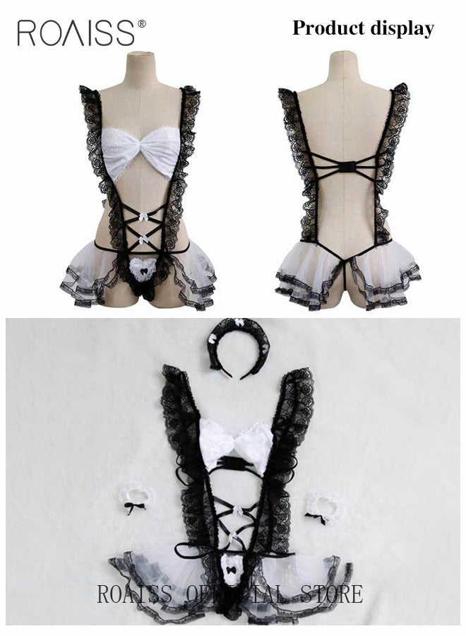 roaiss Women's Underwear Mesh Material Straps Lace Elements Women's Maid Outfit - Image 1