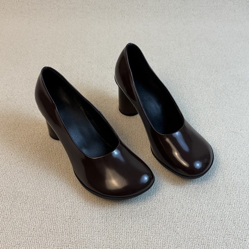 Women's Vintage French High Heels 7cm Chunky Heel Leather Pumps Slip-On Office Shoes - Image 1