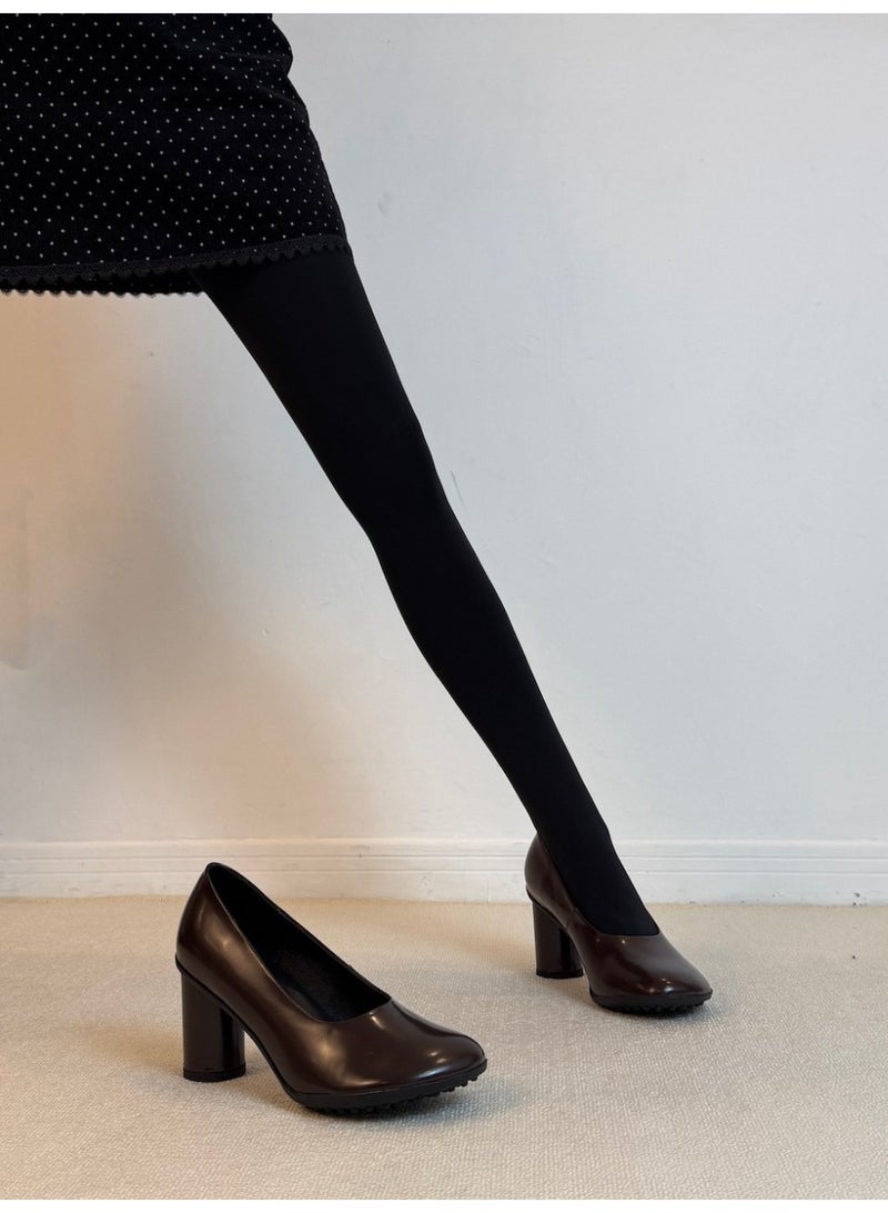 Women's Vintage French High Heels 7cm Chunky Heel Leather Pumps Slip-On Office Shoes - Image 2