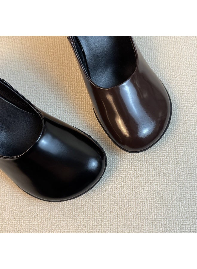Women's Vintage French High Heels 7cm Chunky Heel Leather Pumps Slip-On Office Shoes - Image 3