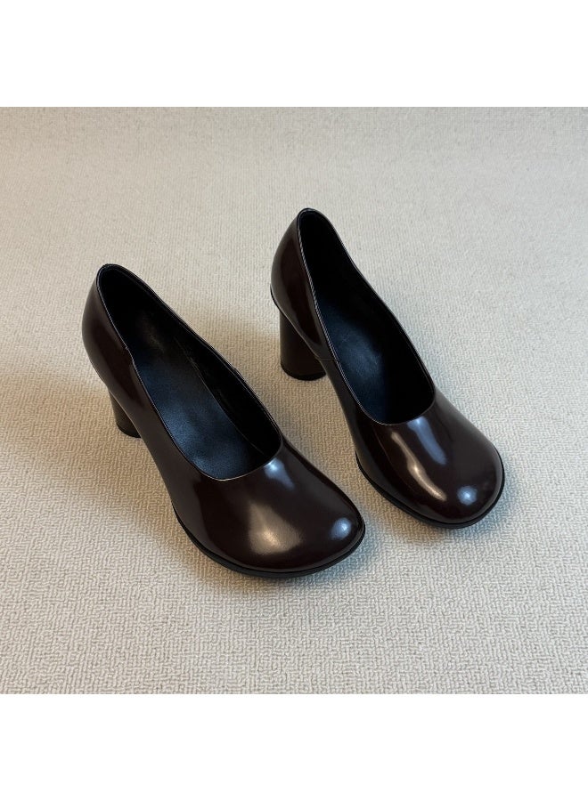 Women's Vintage French High Heels 7cm Chunky Heel Leather Pumps Slip-On Office Shoes - Image 5