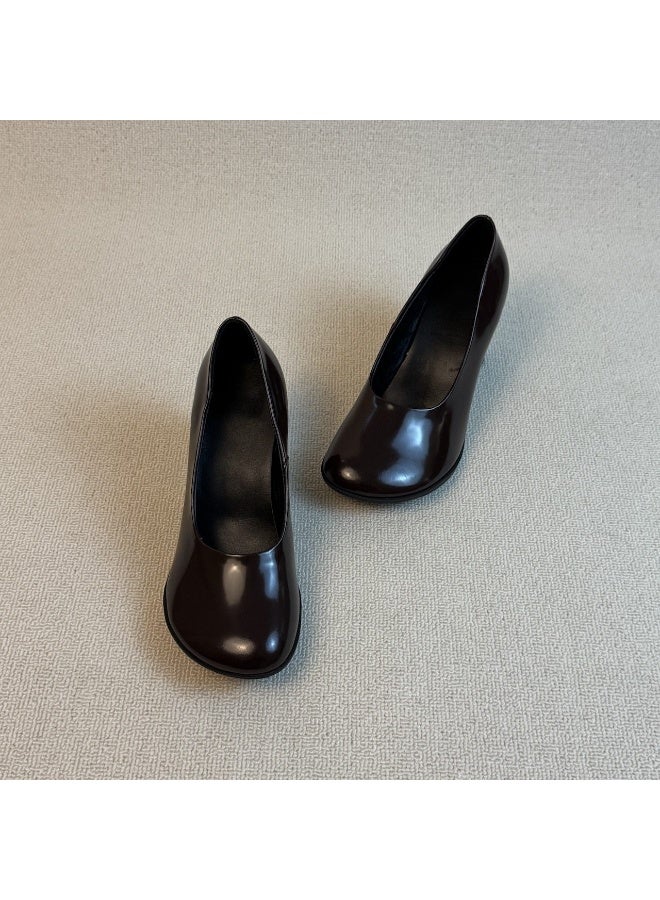 Women's Vintage French High Heels 7cm Chunky Heel Leather Pumps Slip-On Office Shoes - Image 4