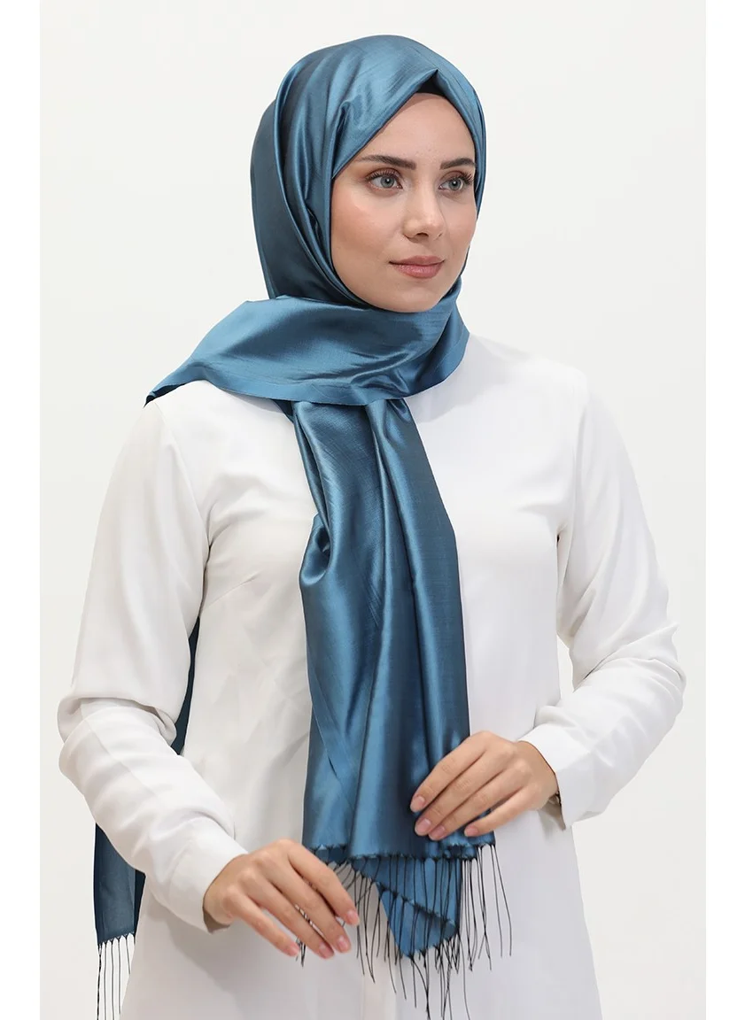 Sefa Merve Tassel Taffeta Shawl 1267-33 Petrol Blue