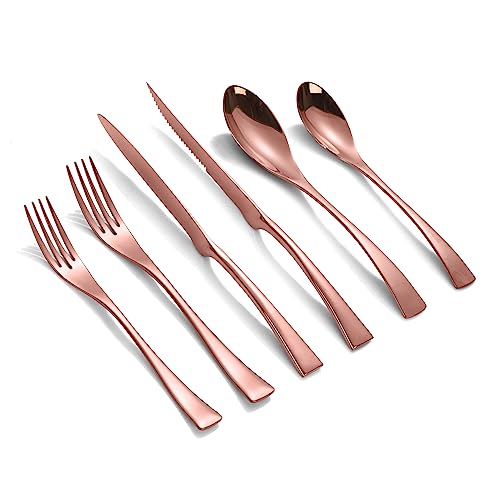Lemeya 24 Pieces Silverware Set with Steak Knives,Heavy Duty 18/10 Stainless Steel Flatware Set with Forged Stand Knives,Modern Cutlery,Mirror Polished,Dishwasher Safe (Rose gold, 24 Pieces Set) - Image 1