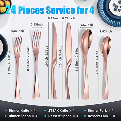 Lemeya 24 Pieces Silverware Set with Steak Knives,Heavy Duty 18/10 Stainless Steel Flatware Set with Forged Stand Knives,Modern Cutlery,Mirror Polished,Dishwasher Safe (Rose gold, 24 Pieces Set) - Image 3