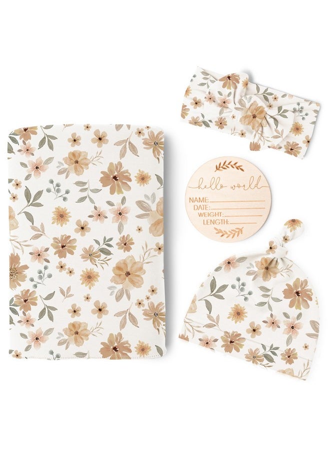 Konssy - Baby Girl Newborn Receiving Blanket With Matching Headband And Beanie Set Baby Swaddle Nursery Swaddle Wrap - Image 1