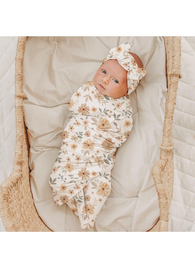 Konssy - Baby Girl Newborn Receiving Blanket With Matching Headband And Beanie Set Baby Swaddle Nursery Swaddle Wrap - Image 1