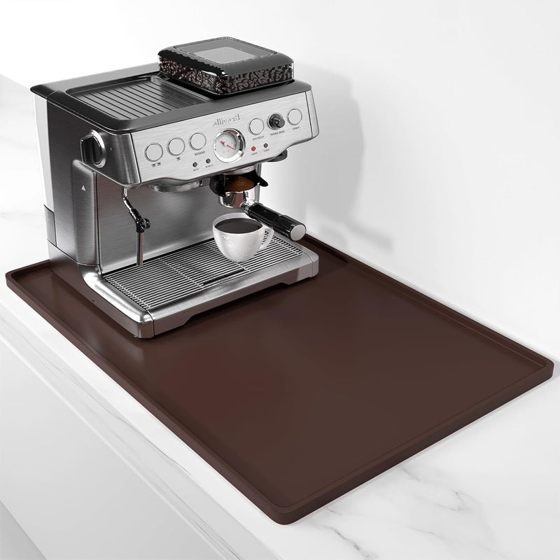 Rnivvi حصيرة قهوة من السيليكون من ، مقاس 16" x 24"، مقاومة للماء وذات حافة مرتفعة، مناسبة لملحقات محطة آلة الإسبريسو، وسادة لتجفيف الأطباق قابلة للفك ومقاومة للحرارة للعمل على طاولة المطبخ، لون بني - Image 1