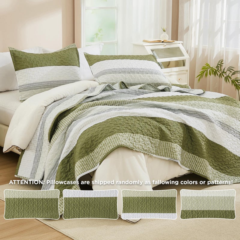 Andency أند آند آند كوين لحاف الفراش مجموعة الزيتون 3 قطع رقمية خضراء خضراء مخططة الفائقة ناعمة أغطية الأسرّة الخفيفة الوزن المحددة مع 2 وسادة شمس لجميع الفصول (90 "" x96 ") - Image 4