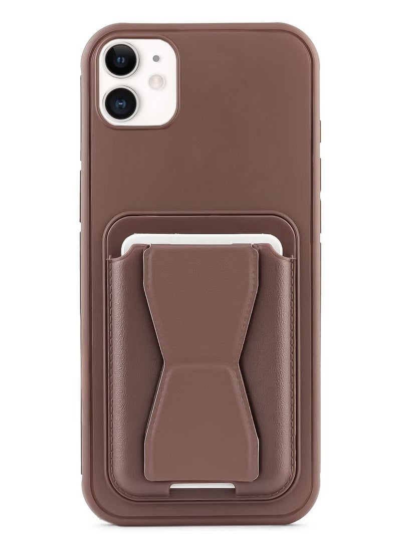غطاء خلفي من الجلد مع محفظة بطاقات، جراب قابل للطي مقاوم للصدمات متوافق مع هاتف Iphone 11 (بني)