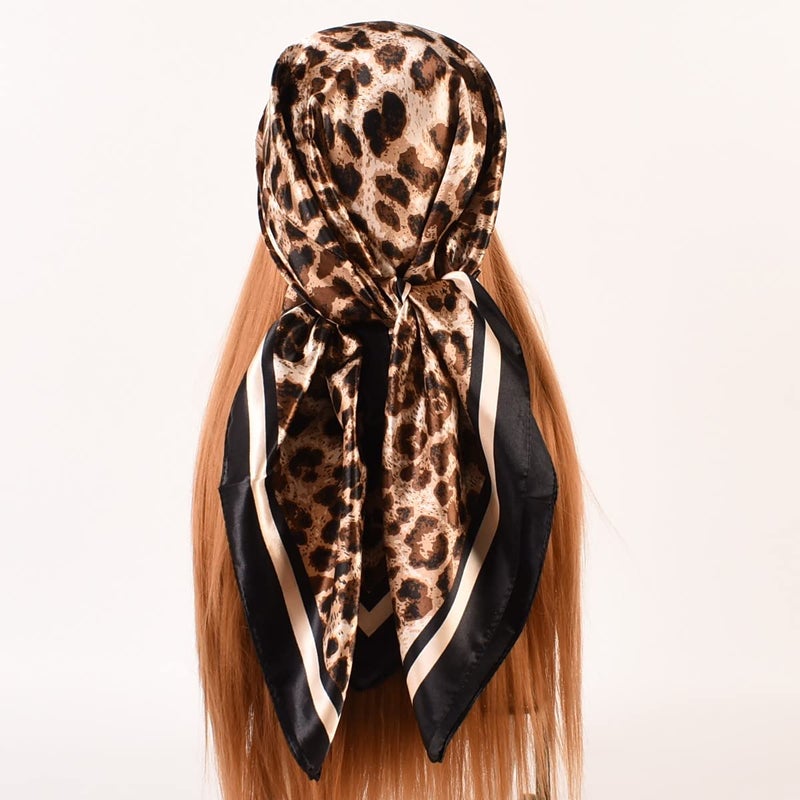EIysee 35 x 35 Women's Fashion Pattern Large Square Silk Like Hair Scarf Head Sleeping Wrap Satin Neck Bandana for Gift (Leopard print-black border)â€¦ - Image 2