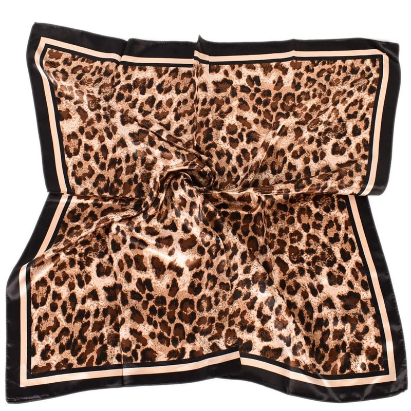 EIysee 35 x 35 Women's Fashion Pattern Large Square Silk Like Hair Scarf Head Sleeping Wrap Satin Neck Bandana for Gift (Leopard print-black border)â€¦ - Image 1