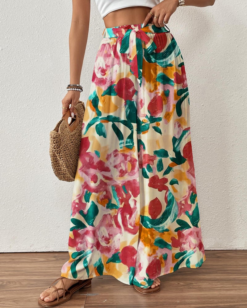 Bsubseach Wide Leg Pants Woman Flowy Floral Palazzo Pants for Women High Waisted Summer Casual Trousers Cruise Outfits Dark Red - Image 3