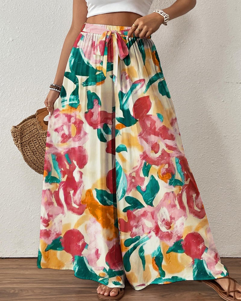Bsubseach Wide Leg Pants Woman Flowy Floral Palazzo Pants for Women High Waisted Summer Casual Trousers Cruise Outfits Dark Red - Image 4