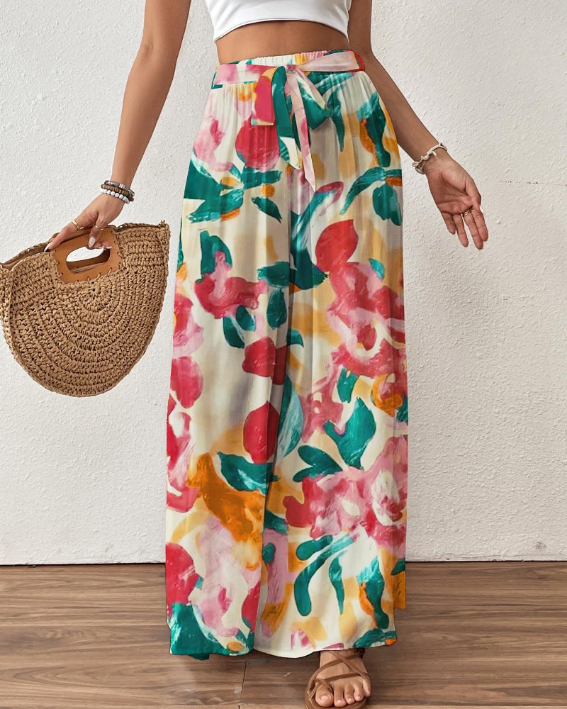 Bsubseach Wide Leg Pants Woman Flowy Floral Palazzo Pants for Women High Waisted Summer Casual Trousers Cruise Outfits Dark Red - Image 2