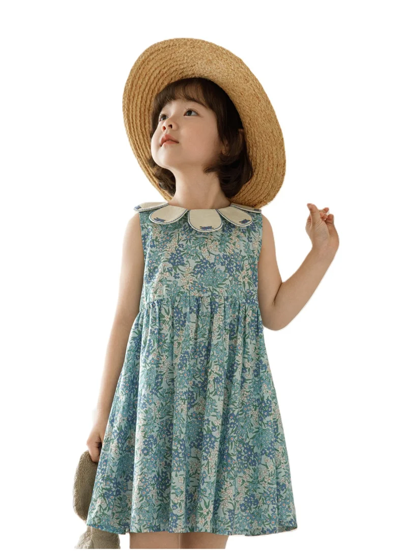 Yoehyaul Girls Floral Peter Pan Collar Dress | Sleeveless Cotton-Feel Printed Dress with Cute A-Line Fit for Girls