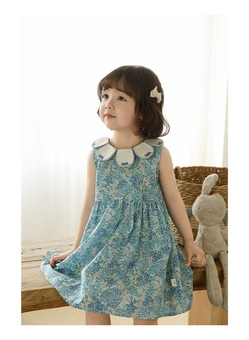 Yoehyaul Girls Floral Peter Pan Collar Dress | Sleeveless Cotton-Feel Printed Dress with Cute A-Line Fit for Girls