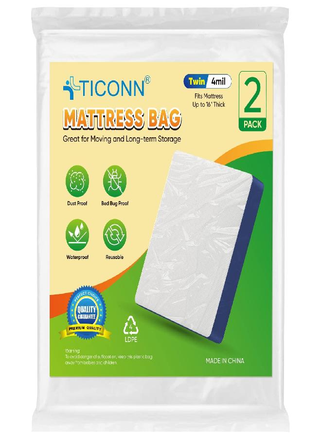 TICONN TICONN 2PK Mattress Bag for Moving Storage, 4 Mil Waterproof Mattress Protector Fits up to 16" Thick Mattress, Heavy-Duty Mattress Moving Supplies and Moving Bags (4 mil, Twin)  - Image 1