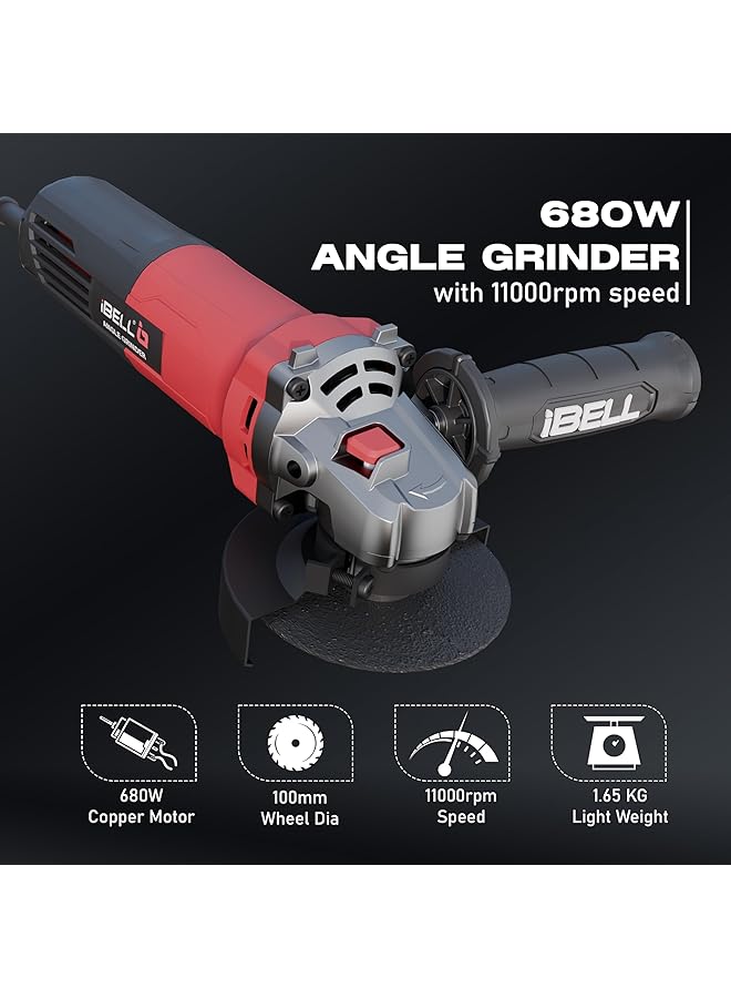 آي بيل ماكينة صنفرة زاوية AG10 68 680W قرص محرك نحاسي عالي التحمل بقطر 100 مم 11000 دورة في الدقيقة مع عجلة صنفرة وواقي… - Image 2