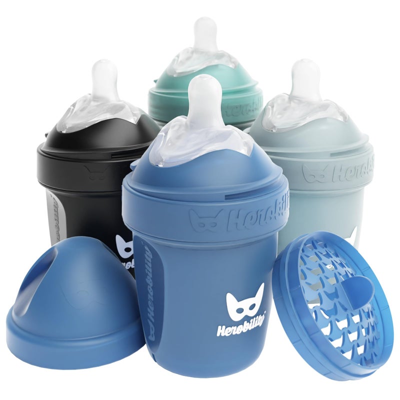 Herobility Double Anti-Colic Baby Bottles - 5 fl oz/140ml - 4-Pack - Multicolor - Denim, Black, Dusky Green, Gray - Image 1