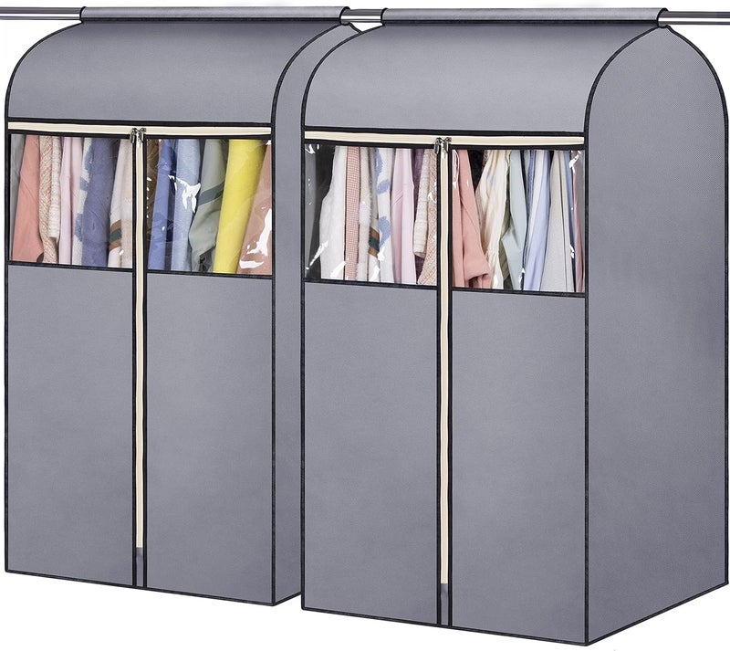 SLEEPING LAMB 35" Garment Bags for Hanging Clothes Storage, Sealed Completely Clothing Rack with Cover with Zipper Clear PVC Window Coat Cover for Closet, Sweaters, Suits protector, 2 Packs, Grey - Image 1