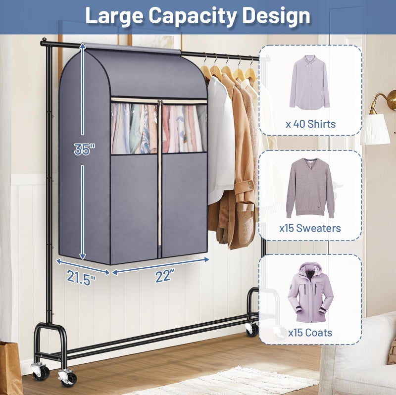 SLEEPING LAMB 35" Garment Bags for Hanging Clothes Storage, Sealed Completely Clothing Rack with Cover with Zipper Clear PVC Window Coat Cover for Closet, Sweaters, Suits protector, 2 Packs, Grey - Image 3