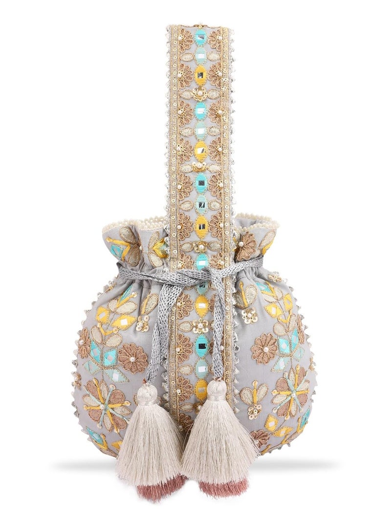 MASQ by Q-One Embroidered Silk Potli Bags - Handcrafted for Weddings, Festive Season & Special Occasions with Beads and Sequins - Made in India - Image 1