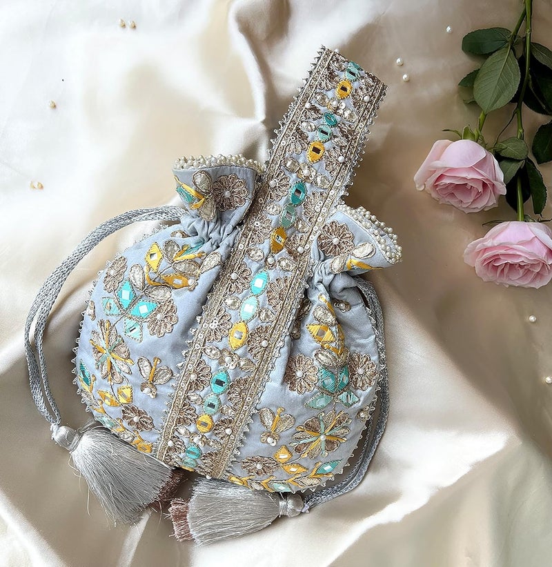 MASQ by Q-One Embroidered Silk Potli Bags - Handcrafted for Weddings, Festive Season & Special Occasions with Beads and Sequins - Made in India - Image 2