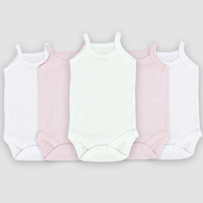 Novibaby 5-Piece Jacquard Rope Strap Baby Bodysuit with Snap Fasteners 100% Cotton - Ecru Pink White  - Image 1