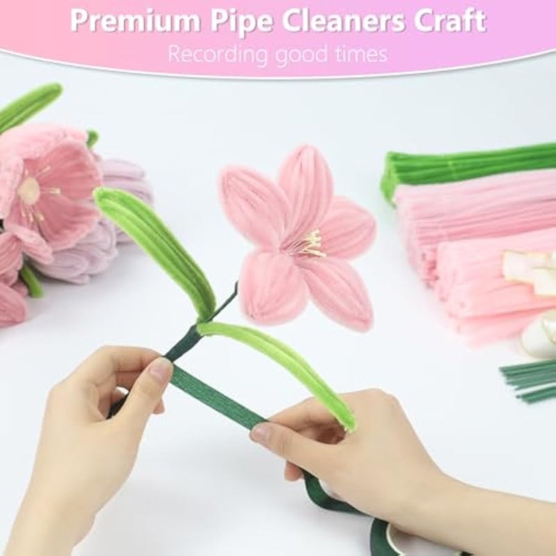 Topleo 400 Pcs Pipe Cleaners Craft,4 Assorted Colors Pipe Cleaners Bulk, Chenille Stems for DIY Flower Making Kit with Floral Wires, Gardening Tape,Stamen Ribbon (Pink) - Image 5