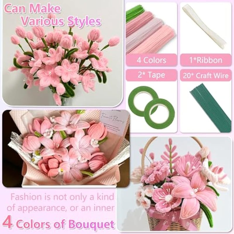 Topleo 400 Pcs Pipe Cleaners Craft,4 Assorted Colors Pipe Cleaners Bulk, Chenille Stems for DIY Flower Making Kit with Floral Wires, Gardening Tape,Stamen Ribbon (Pink) - Image 3