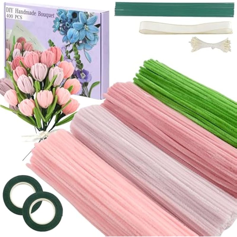 Topleo 400 Pcs Pipe Cleaners Craft,4 Assorted Colors Pipe Cleaners Bulk, Chenille Stems for DIY Flower Making Kit with Floral Wires, Gardening Tape,Stamen Ribbon (Pink) - Image 1
